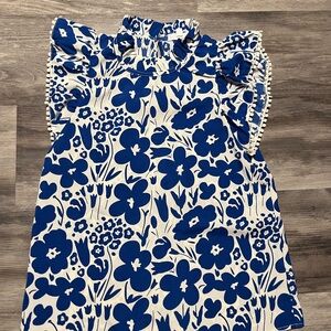 THML Blue and White Floral Ruffle Sleeve Blouse